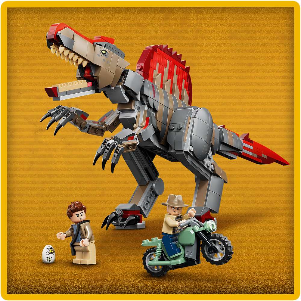 LEGO Jurassic World Spinosaurus Dinosaur Escape 77982 - close-up detail of the finished build. 820 pieces. Ages 9+.