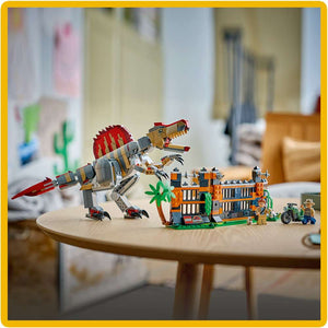 LEGO Jurassic World Spinosaurus Dinosaur Escape 77982 - close-up detail of the finished build. 820 pieces. Ages 9+.