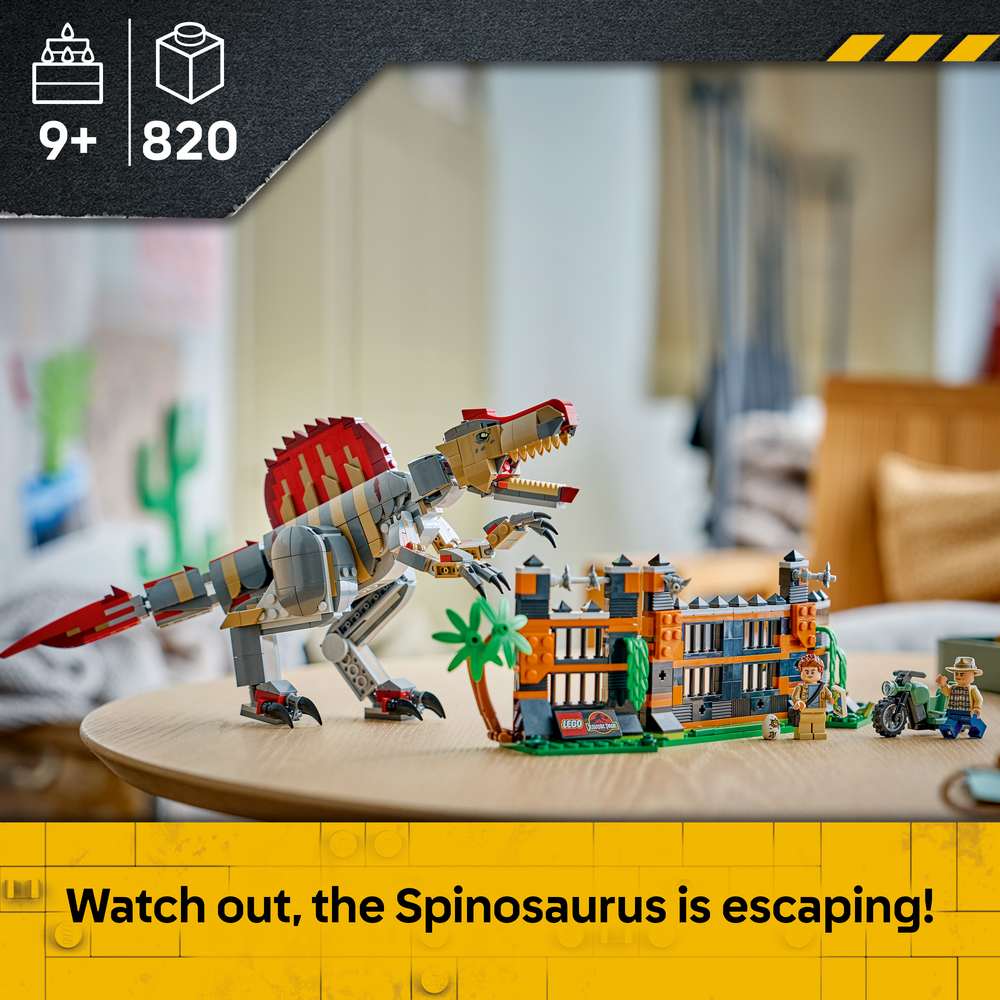 LEGO Jurassic World Spinosaurus Dinosaur Escape 77982 - captioned product view. 820 pieces. Ages 9+.