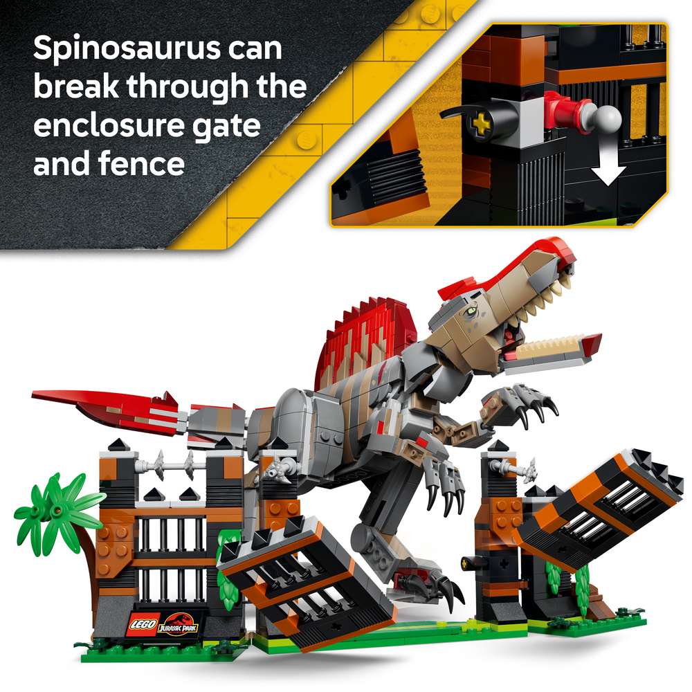 LEGO Jurassic World Spinosaurus Dinosaur Escape 77982 - captioned product view. 820 pieces. Ages 9+.