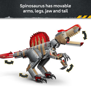 LEGO Jurassic World Spinosaurus Dinosaur Escape 77982 - captioned product view. 820 pieces. Ages 9+.