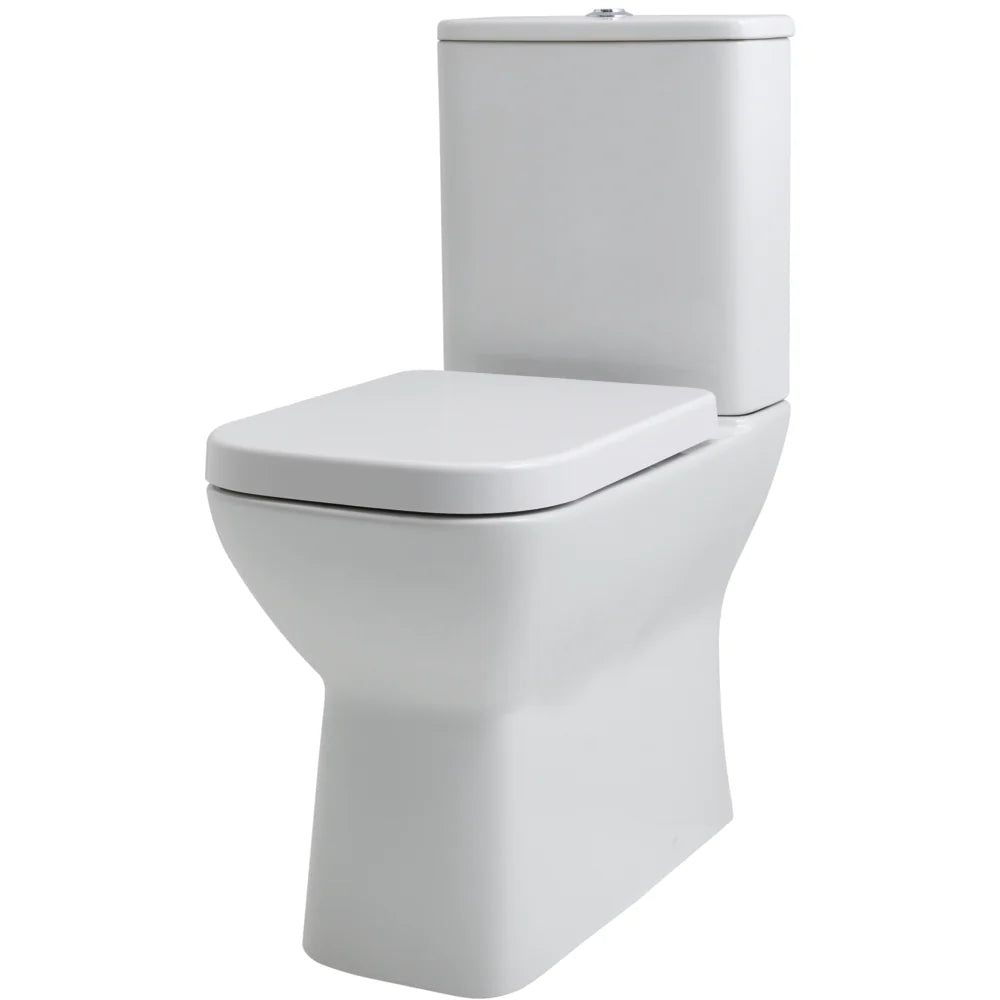 White ceramic close-coupled toilet with soft close seat and cistern, modern comfort height design with fully shrouded pan and rounded contemporary styling