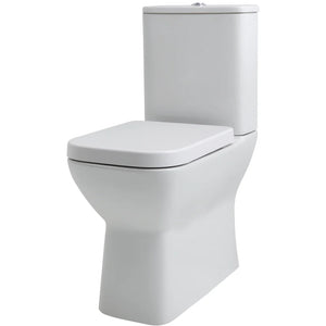 White ceramic close-coupled toilet with soft close seat and cistern, modern comfort height design with fully shrouded pan and rounded contemporary styling