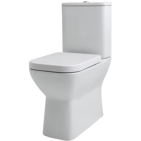 White ceramic close-coupled toilet with soft close seat and cistern, modern comfort height design with fully shrouded pan and rounded contemporary styling