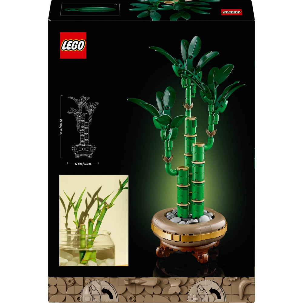 LEGO Lucky Bamboo 10344 set showing green bamboo stalks with leaves on a decorative brown and tan pot base with wheels, displayed against black packaging background with product dimensions and inspirational photos