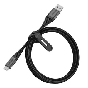 OtterBox Premium USB-C to USB-A cable 1 metre in dark ash black with braided nylon design and cable organizer tie, featuring reinforced connectors