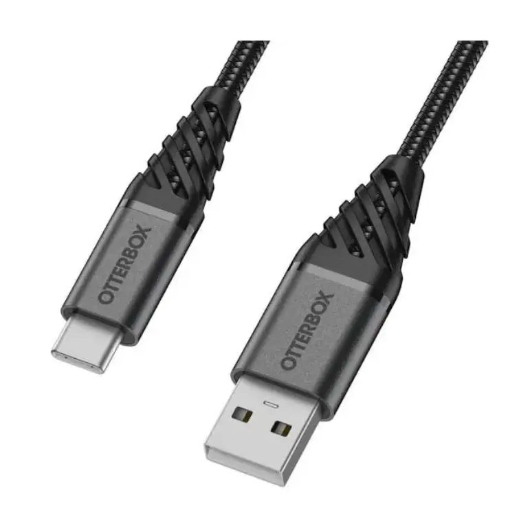 OtterBox Premium USB-C to USB-A cable, 1 metre length, featuring dark ash black braided nylon exterior with metallic grey connectors and black strain relief, displayed against white background