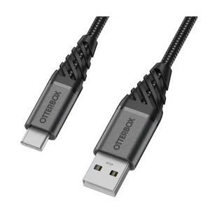 OtterBox Premium USB-C to USB-A cable, 1 metre length, featuring dark ash black braided nylon exterior with metallic grey connectors and black strain relief, displayed against white background