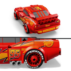 Red LEGO Lightning McQueen race car model 77255 shown from multiple angles displaying front view with number 95, side profile, yellow and orange checkered details, black Lightyear tires, and articulated construction elements