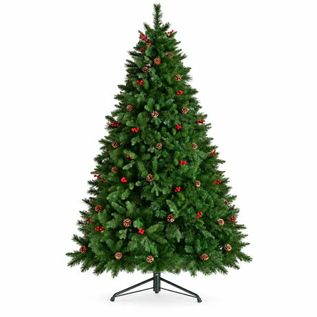 8ft Ben Nevis Pine Christmas tree pre-decorated with gold pinecones and red berries on black metal stand, isolated on white background