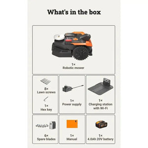 What's in the box diagram for Worx Landroid Vision AI RTK robotic lawnmower showing orange and black mower unit with 8 lawn screws, hex key, power supply, Wi-Fi charging station, 6 spare blades, manual and 4.0Ah 20V battery