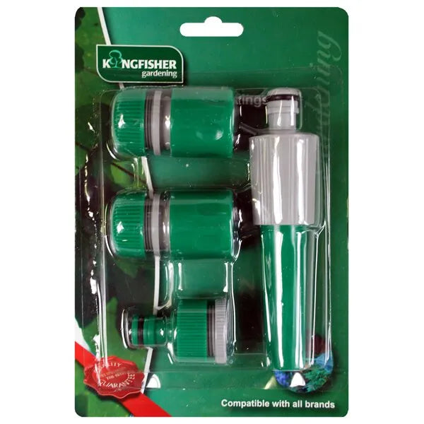 Kingfisher gardening hose spray nozzle set in green and grey on blister packaging showing multiple nozzle attachments and spray bottle compatible with all brands