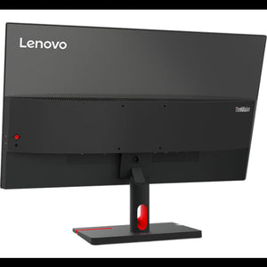 Lenovo ThinkVision S27i-30 27 inch Full HD monitor with black bezel and stand featuring red accent details, shown from rear three-quarter angle
