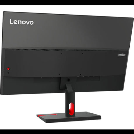 Lenovo ThinkVision S27i-30 27 inch Full HD monitor with black bezel and stand featuring red accent details, shown from rear three-quarter angle