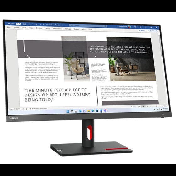 Lenovo ThinkVision S27i-30 27 inch Full HD monitor with black bezel and stand displaying an interior design publication on screen, shown against white background