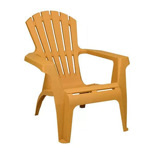 Ochre yellow plastic Adirondack-style garden chair with curved backrest, vertical slats, and armrests shown against white background