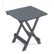 Grey plastic folding side table with slatted square top and X-frame design, compact outdoor furniture piece