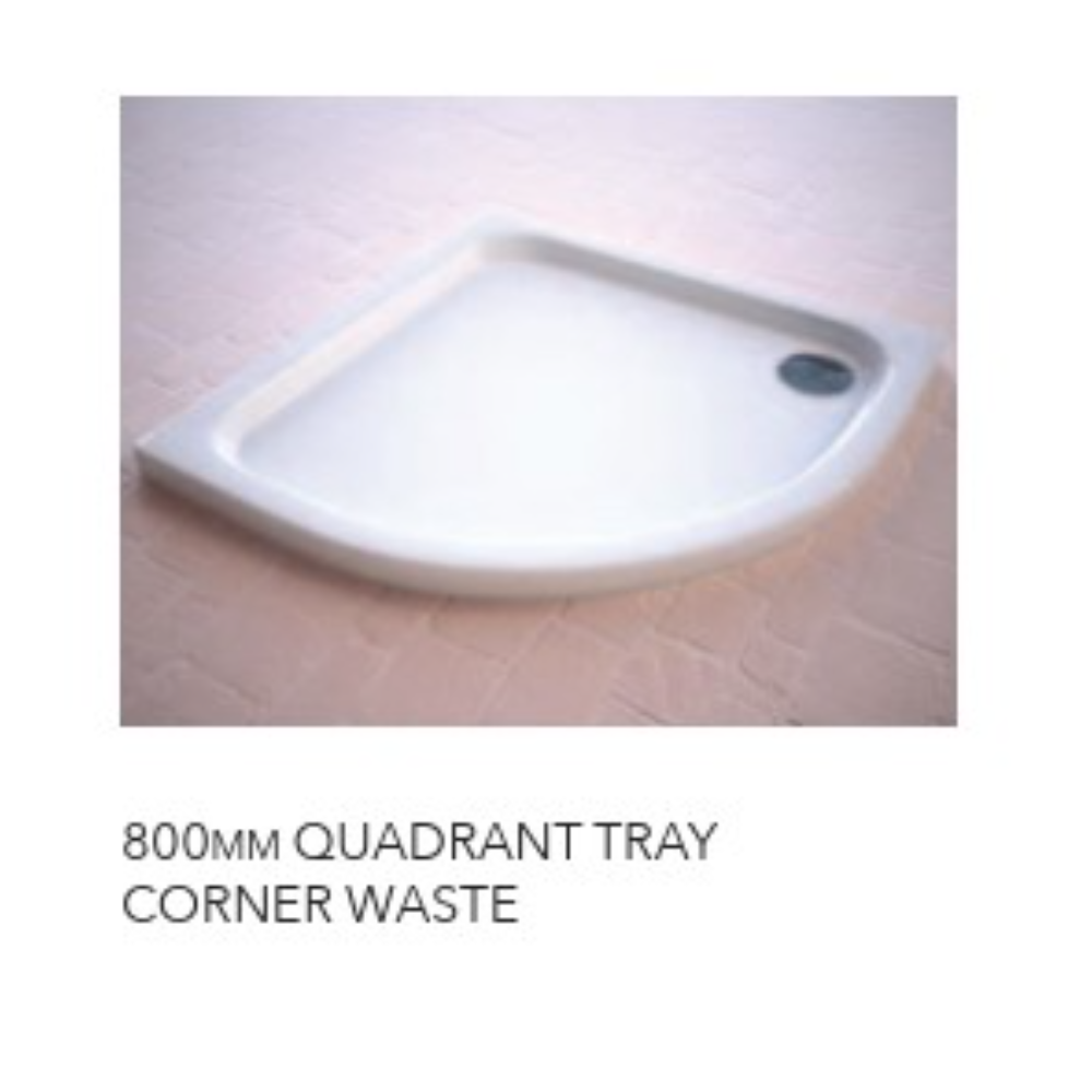 White ceramic 800mm quadrant shower tray with corner waste outlet and slimline 40mm height design viewed from above on beige tiled floor