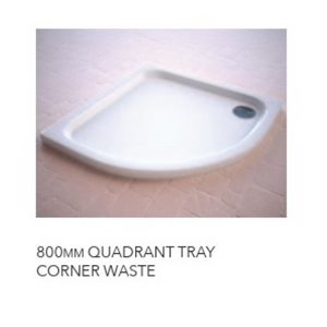 White ceramic 800mm quadrant shower tray with corner waste outlet and slimline 40mm height design viewed from above on beige tiled floor