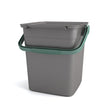 Grey plastic compost bin with green handles and lid, 9 litre capacity, featuring a removable inner bucket and modern design suitable for kitchen food waste storage