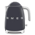 Smeg 1.7 litre 50's style kettle in slate grey with chrome handle and accents, featuring retro design and white SMEG branding on rounded body with domed lid
