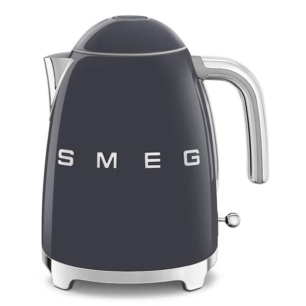 Smeg 1.7 litre 50's style kettle in slate grey with chrome handle and accents, featuring retro design and white SMEG branding on rounded body with domed lid