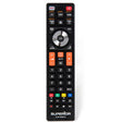 Black Superior universal remote control with orange and red accent buttons, featuring numbered keypad, directional pad, HDMI and TV controls, designed for Samsung smart TVs