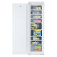 White integrated tall larder freezer with open door displaying multiple frozen food items in clear drawers, showing organized frozen storage compartments