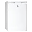White Hoover under counter fridge freezer with curved handle and silver logo on front door, compact design suitable for kitchen integration