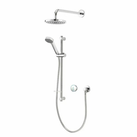 Aqualisa Quartz Blue Smart Digital Shower System with chrome overhead rain showerhead, handheld shower on sliding rail, digital control panel, and wall-mounted fixtures on white background