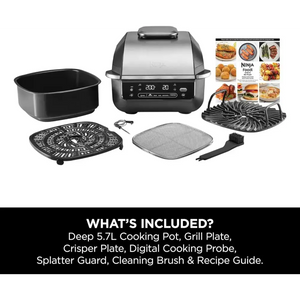 Ninja Foodi 5-in-1 Grill and Air Fryer EG351UK with stainless steel body and black accents, shown with included accessories: deep 5.7L cooking pot, grill plate, crisper plate, digital cooking probe, splatter guard, and cleaning brush, plus recipe guide displaying cooked food examples