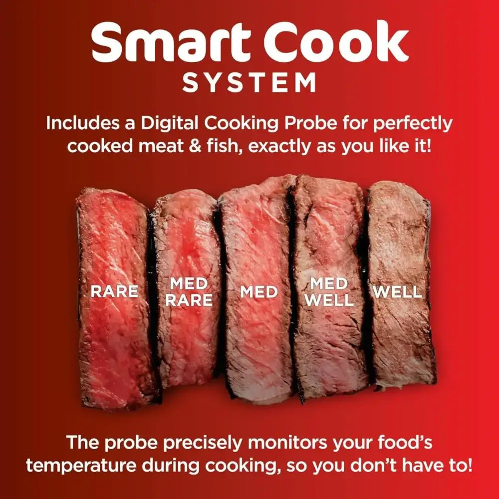 Smart Cook System product image showing five cooked beef steaks displaying different doneness levels from rare to well-done, labeled to demonstrate the digital cooking probe feature for temperature monitoring during cooking