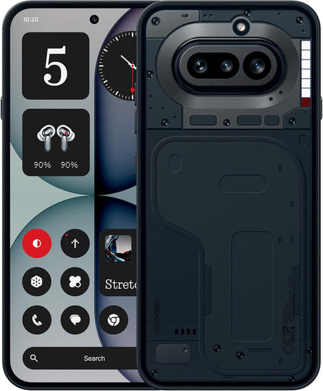 Nothing Phone 4a black smartphone showing front display with time, number 5, wireless earbuds battery status, and control icons, alongside rear view displaying dual camera system with protective casing