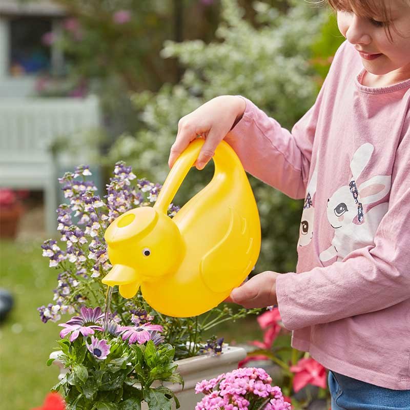 Child wearing pink sweatshirt holding yellow duck-shaped watering can over purple and pink flowers in a garden setting