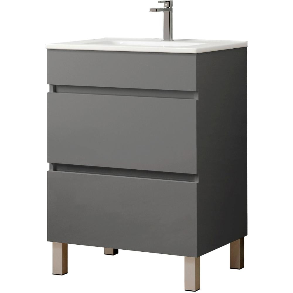 Floor standing bathroom vanity unit with 2 drawers in matt anthracite grey finish, white ceramic basin, chrome tap, wooden legs, 60cm width