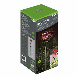 Solar powered red rose stake light garden decoration in packaging showing product display with illuminated flower on green and grey box