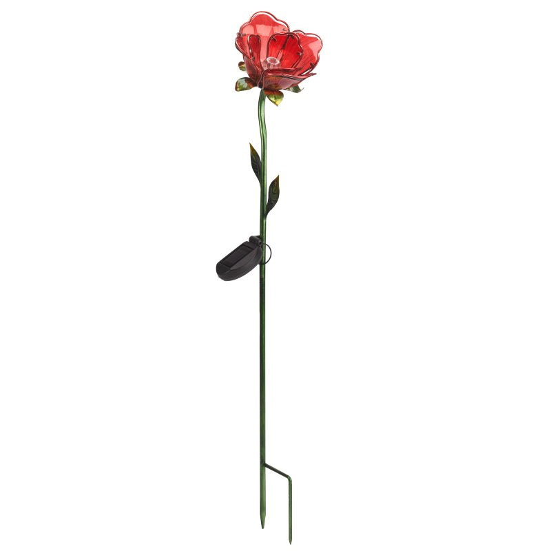 Solar powered garden stake light featuring a red rose flower with green stem, black solar panel and metal ground stake on white background