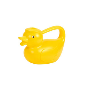 Yellow plastic watering can shaped like a duck with handle and spout
