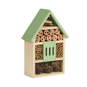 Wooden bug and bee habitat house with green roof and door, featuring natural wood tubes and mesh panels for insect shelter