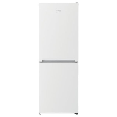 Beko CFG4552W white frost-free fridge freezer with 50/50 split, 152cm height, featuring upper refrigerator and lower freezer compartments with stainless steel handles