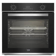 Beko AeroPerfect stainless steel built-in single oven with black glass front, dual control knobs, digital display, and wire shelving visible through the oven door