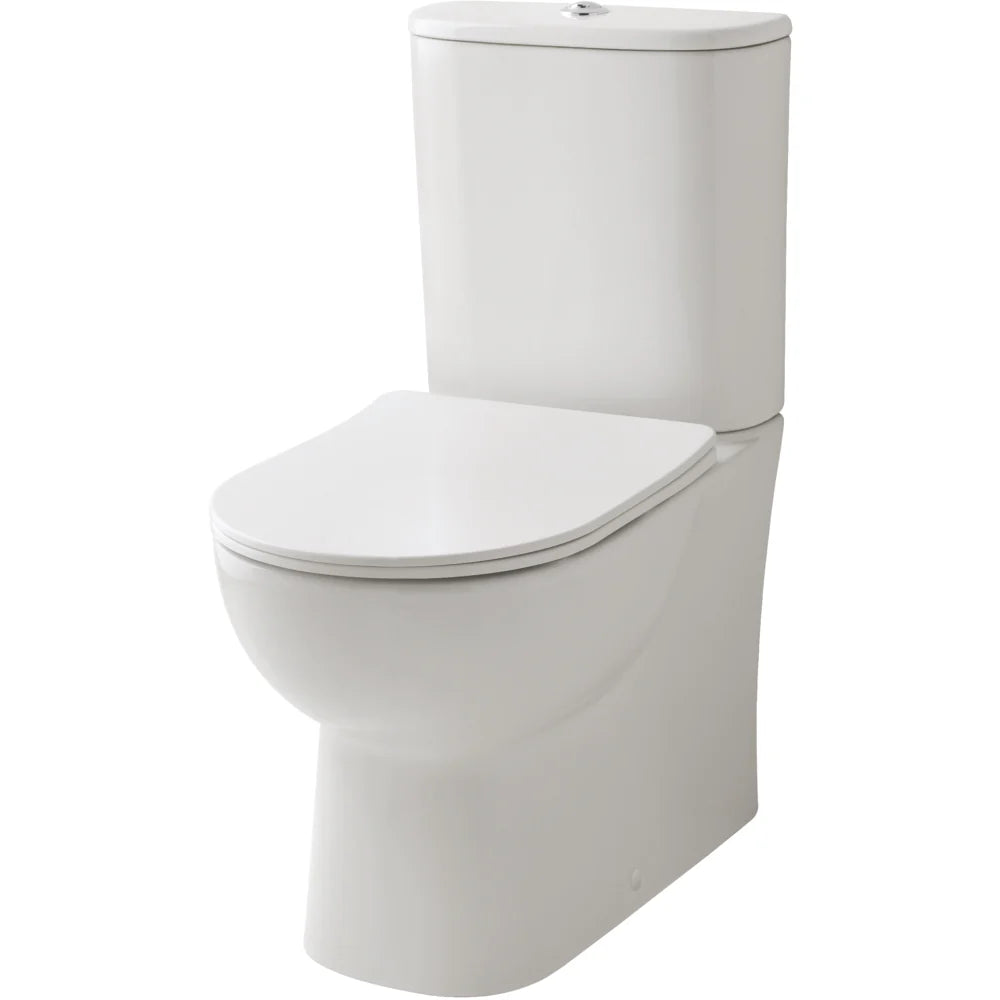 White ceramic close coupled toilet with soft close seat and cistern, modern back to wall design