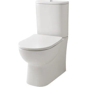 White ceramic close coupled toilet with soft close seat and cistern, modern back to wall design
