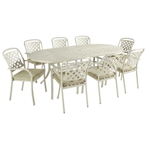 Hartman Berkeley 8 seater cast aluminium oval garden dining set with cream coloured table and chairs featuring lattice backrest design and beige seat cushions