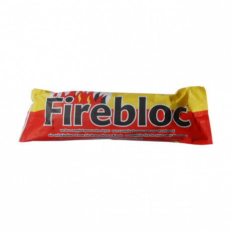Firebloc 1kg firelog fire starter log in yellow and red packaging with black text and flame graphic design displayed against white background