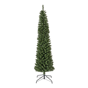 Everlands Pencil Pine 2.1 metre artificial Christmas tree with dense green foliage and black metal stand against white background
