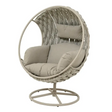 Kaemingk Serenity Swivel Egg Chair in beige woven rattan with cushioned grey upholstered seat and back pillow on metal stand base