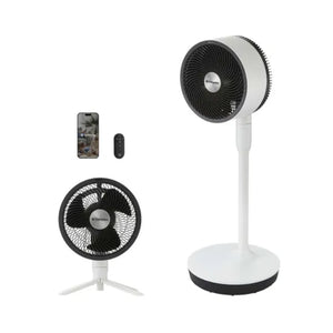 Dimplex Duocool 2-in-1 smart fan showing white pedestal standing fan with black grille, white desk fan with adjustable height, black remote control, and smartphone displaying app control interface