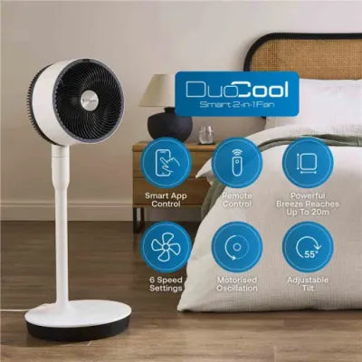 Dimplex Duocool 2 in 1 smart pedestal and desk fan in white and black with blue feature icons showing smart app control, remote control, powerful breeze, 8 speed settings, motorized oscillation and adjustable tilt functions displayed against neutral background with product packaging