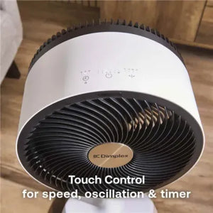 Dimplex Duocool 2 in 1 white and black pedestal desk fan with touch control panel showing speed oscillation and timer settings displayed from above on wooden floor